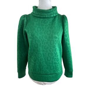Emily McCarthy Fallon Funnel Neck Green Leopard Scuba Pullover Puff Sleeve I XS